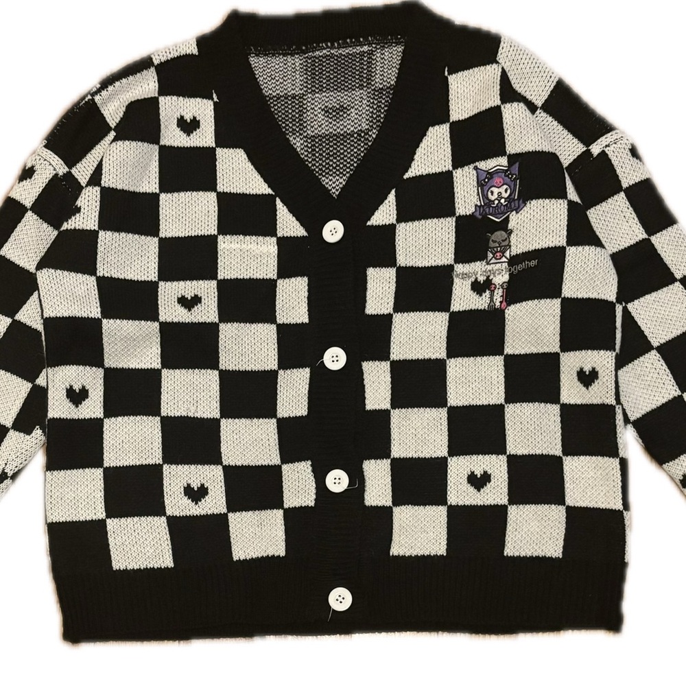 Kids Heart Patterned Checkered Cardigan - Black and White